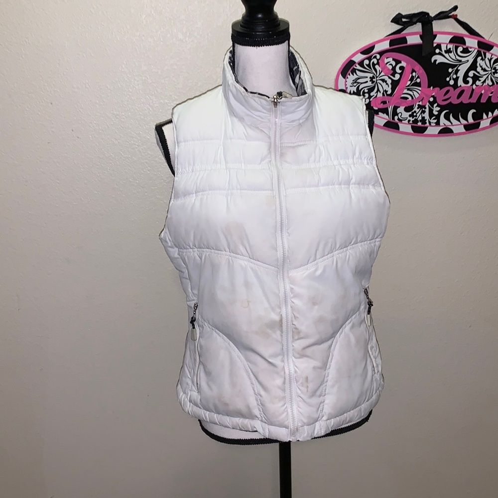 Reversible white & black plaid zip up puffer vest